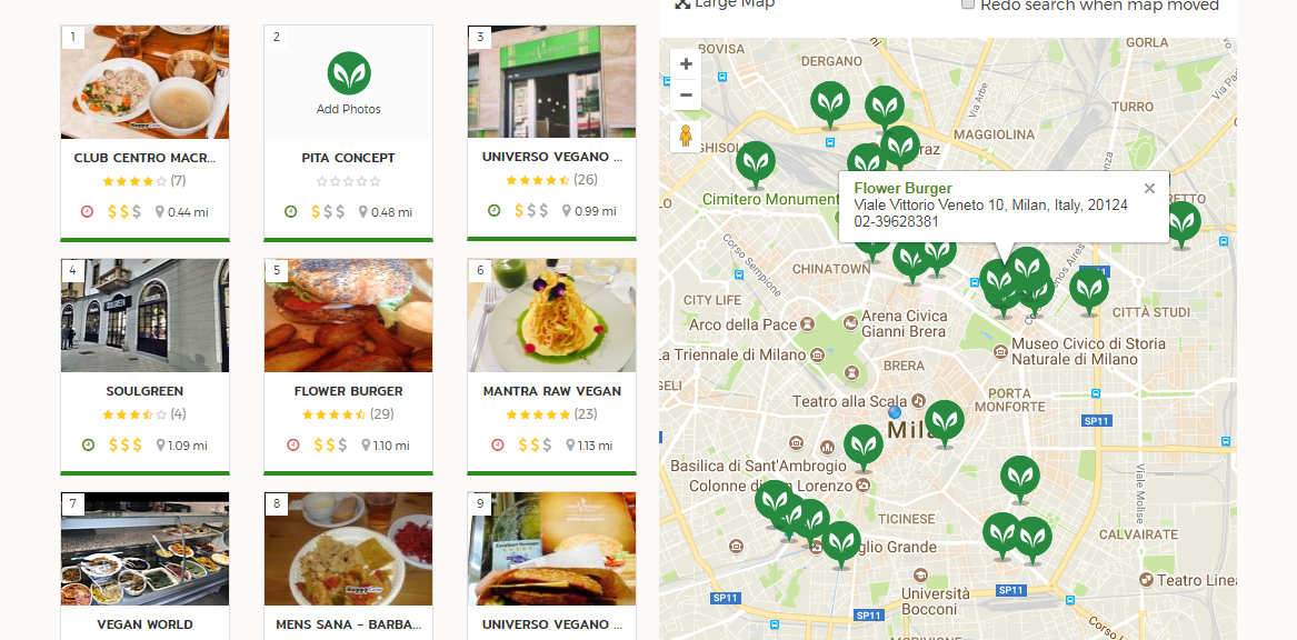 Map of vegan restaurants in Milan, Happy Cow