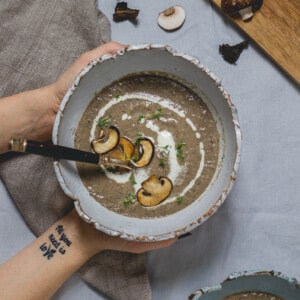 crème de champignons vegan dans un bol, vue de haut