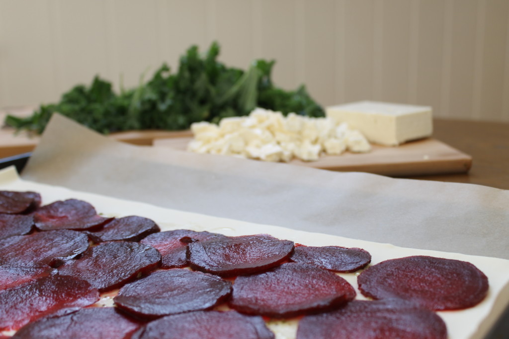 pizza with beet, kale and feta cheese