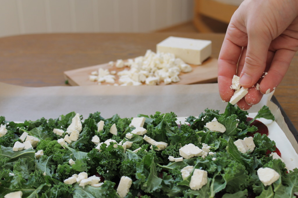 Kale, beet and feta pizza