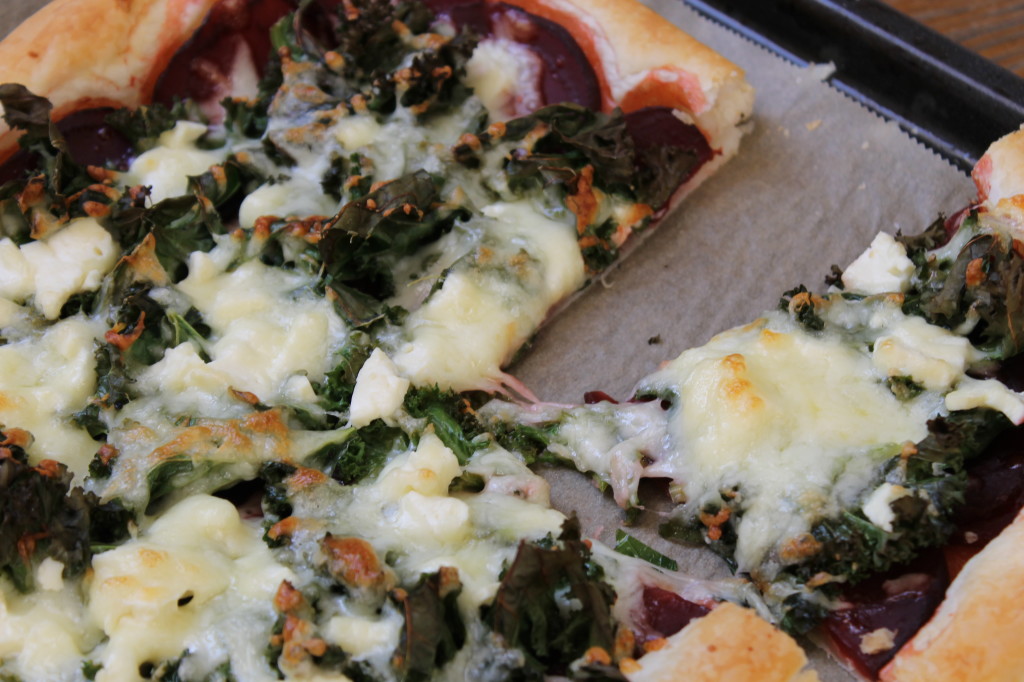 Feta, beet & kale puff pastry pizza