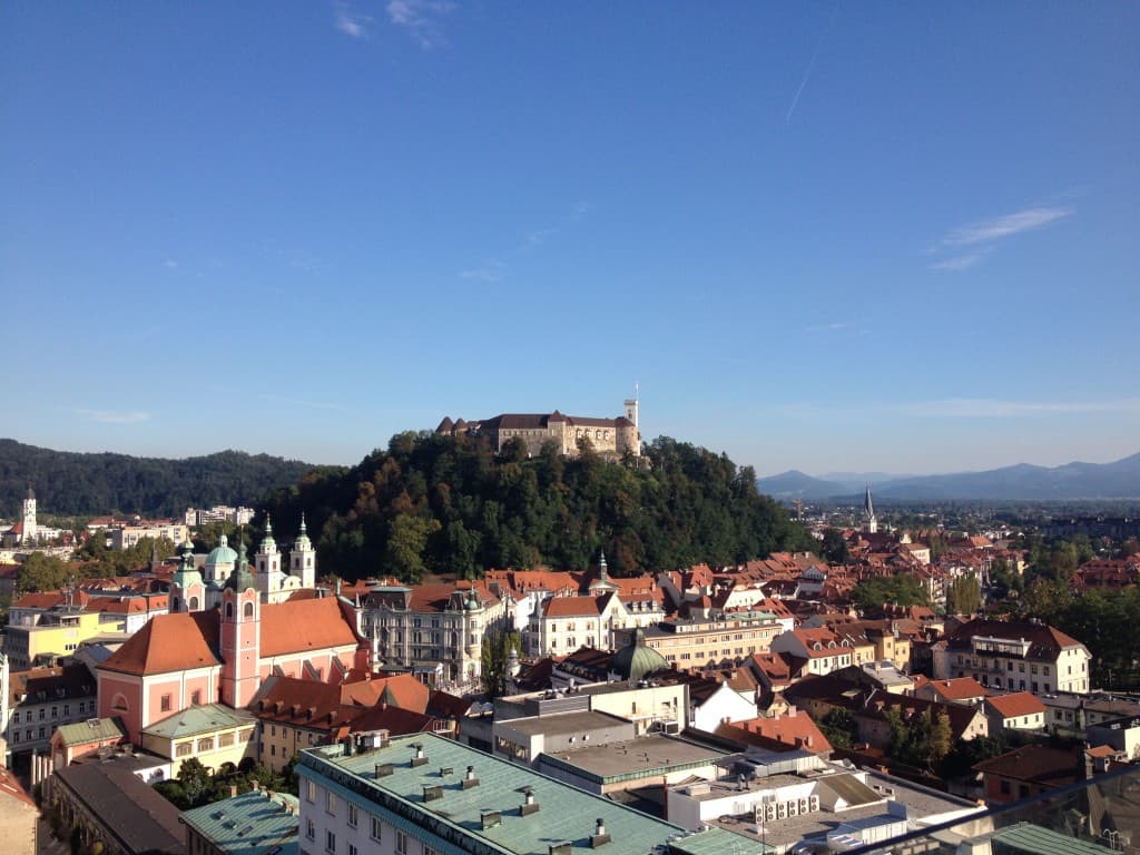 Ljubljana’s castle as seen from Nebotičnik “skyscraper” restaurant