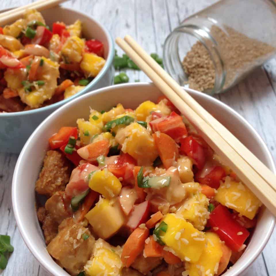 Mango salsa, crispy oven-baked tofu on brown rice drowned in pb sauce