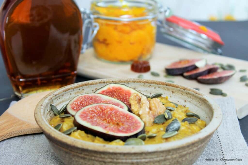 pumpkin oatmeal, chai-infused and sweetened with maple