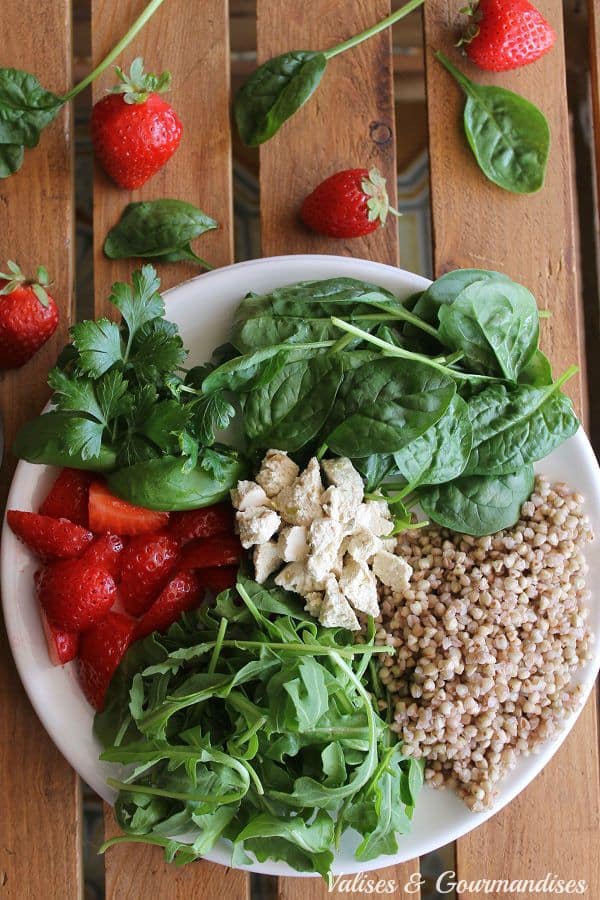 vegan buckwheat and strawberry salad with tofu feta