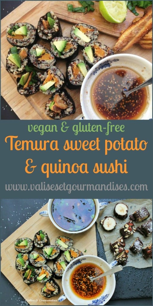 These spicy tempura sweet potato sushi feature quinoa instead of rice. They're a delicious alternative to fish sushi rolls!