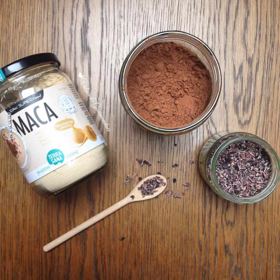 raw maca, cacao powder and cacao nibs