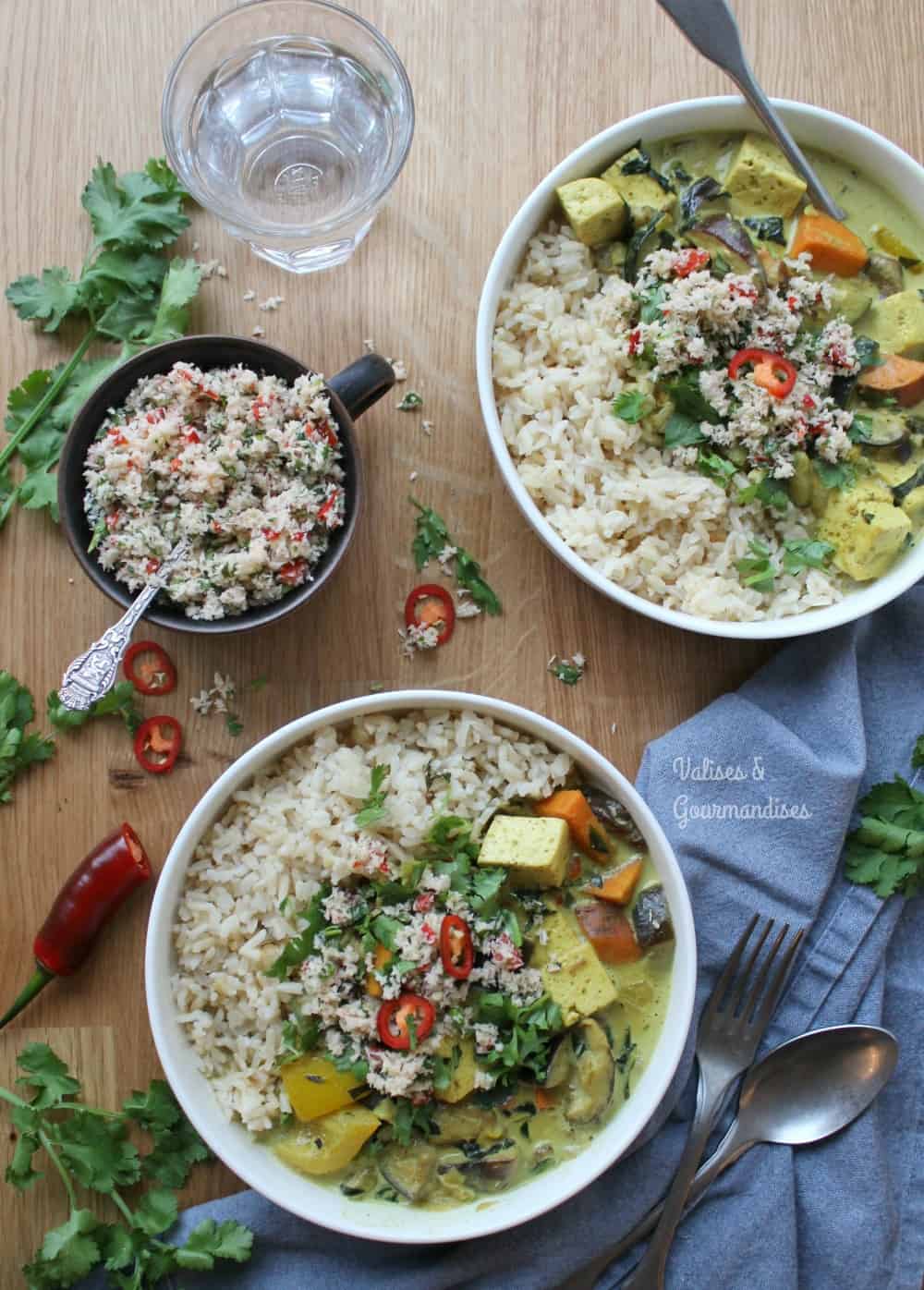 Creamy vegan korma with tofu paneer and vegetables + a spicy coconut sambal