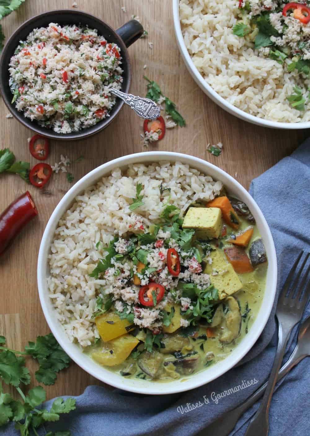 Creamy vegan vegetable korma and a spicy coconut sambal