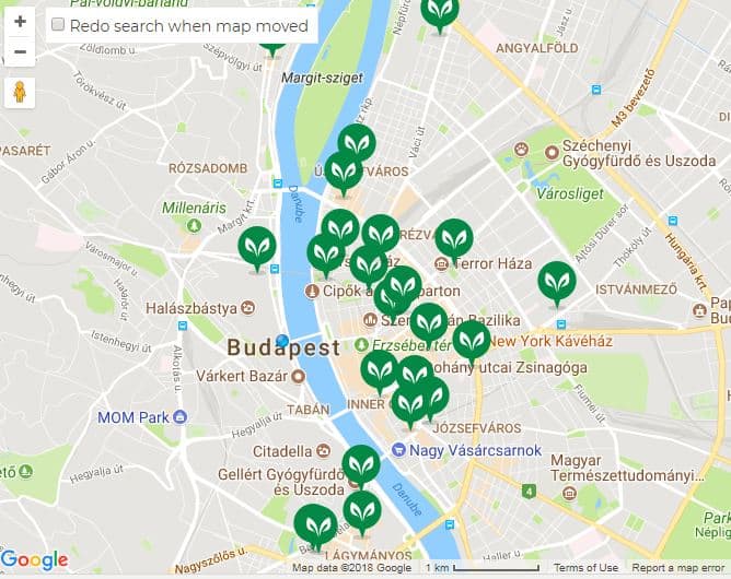 Map of the vegan restaurants in Budapest