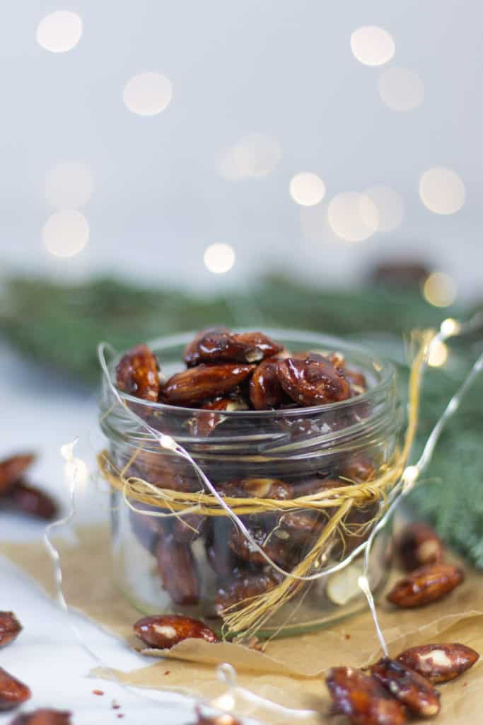 German burnt almonds in a glass jar