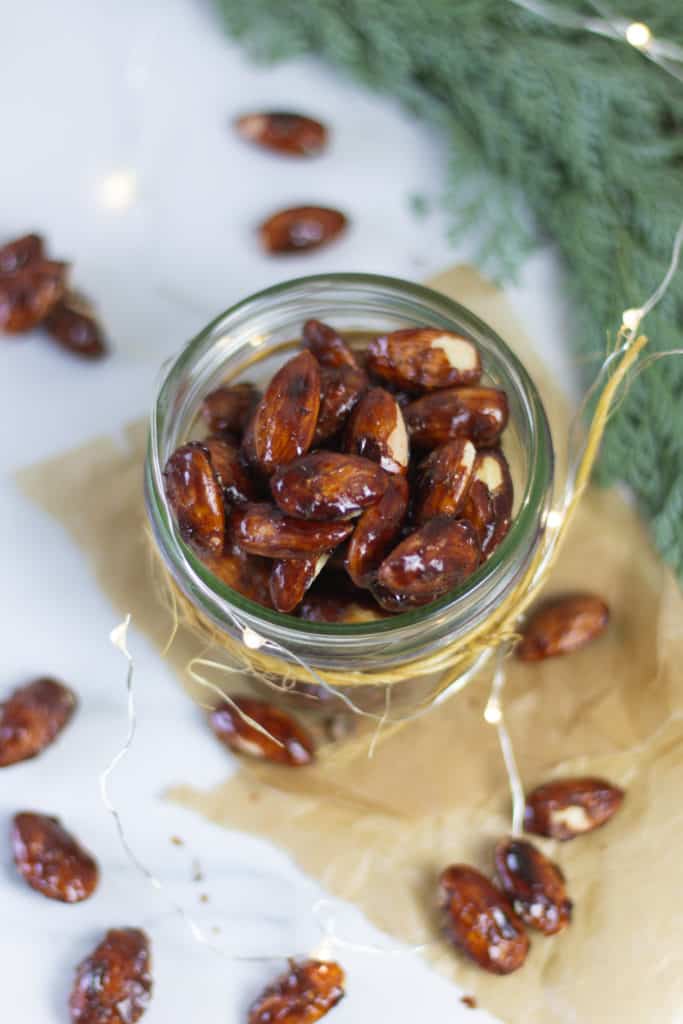 German burnt almonds, in a glass jar seen from above