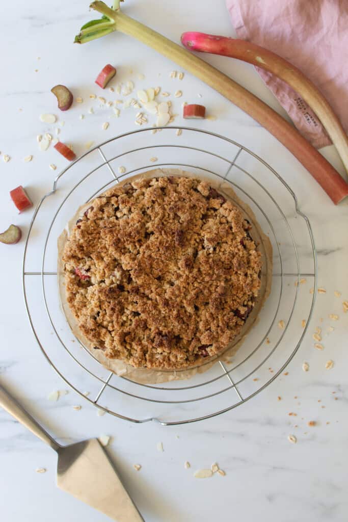 Vegan rhubarb cake with crumble, seen from above