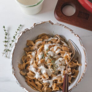 champignons stroganoff dans un bol, vu de haut