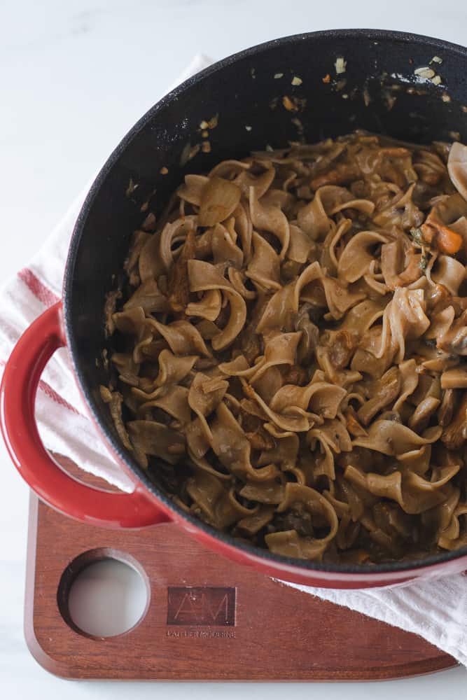 mushroom stroganoff in large pot