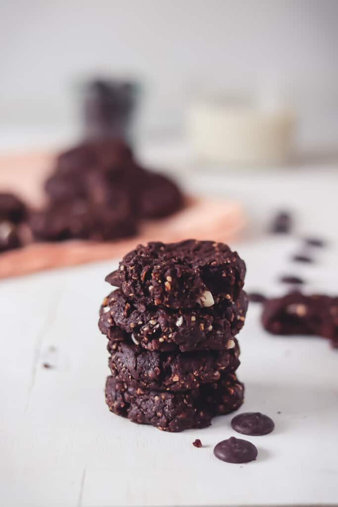 4 vegan double chocolate cookies stacked