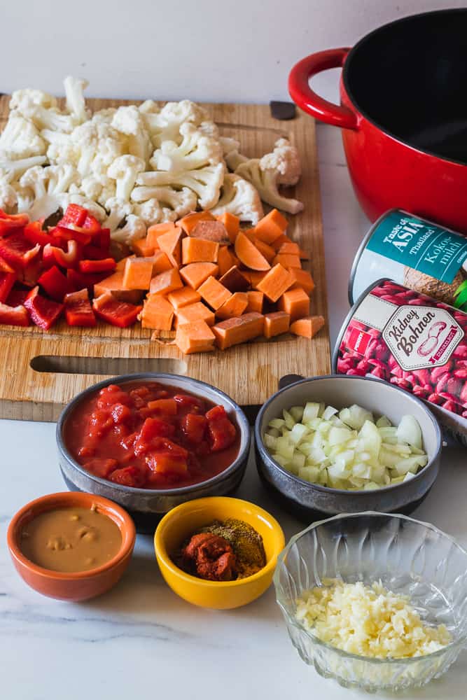 ingredients laid out for sweet potato curry